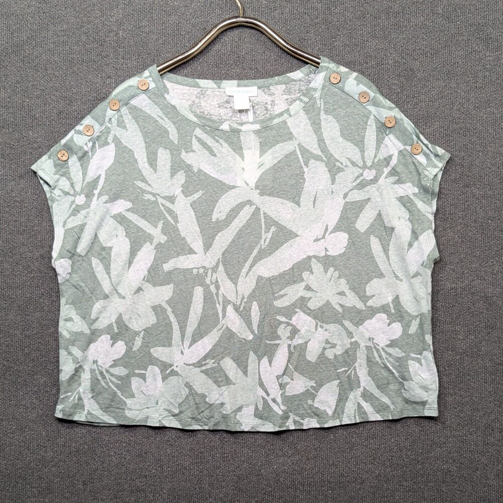 Cynthia Rowley Top Womens 1X Linen Blend Tropical Shirt Button Shoulder Green